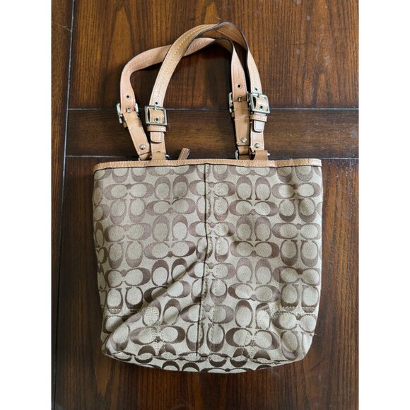 Coach Hamptons Signature Lunch Tote Purse Fabric Shoulder Bag Khaki Logo F15664 - Picture 2 of 12